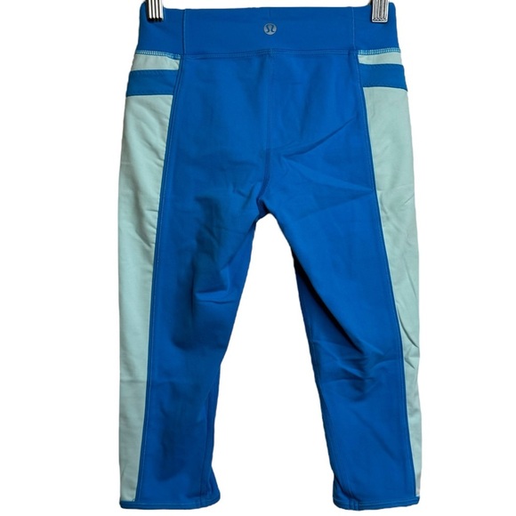 Lululemon Cropped Colour Block Blue Light Green Stretch Compression Leggings 2 - Picture 2 of 12